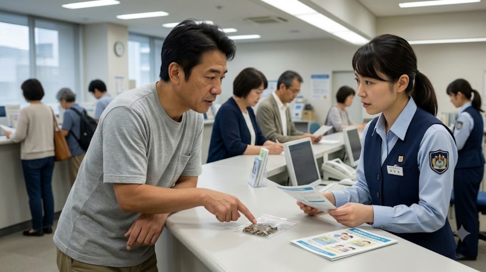 日本人の住民が、横浜市中区役所(保健所)の窓口で、制服を着た職員にネズミのフンについて相談し、リーフレットとアドバイスを受けている様子。