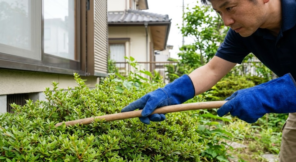 家の基礎近くにある植え込みの中を、厚手の作業グローブを着用した日本人の男性が、長い木の棒を使って注意深く確認している様子。直接触れずに距離を保っている。