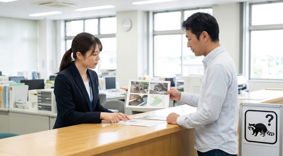 坂戸市役所の窓口で、アライグマによるゴミ被害の資料を提示しながら職員に相談する日本人男性。行政の支援制度について確認する様子。