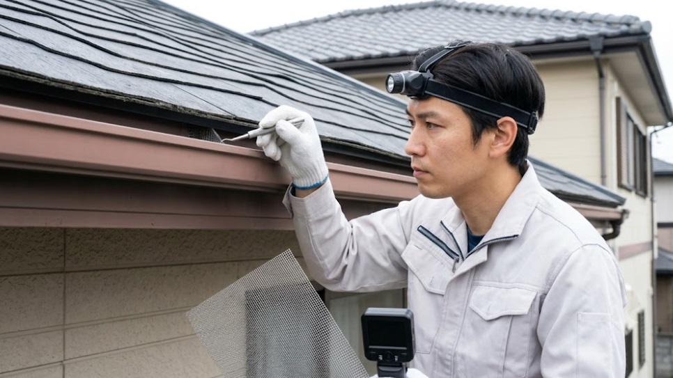 日本人専門業者が防護服を着用し、家屋の屋根裏付近でアライグマの侵入口を調査・封鎖する作業。専門的な器具と技術を用いた再発防止対策。