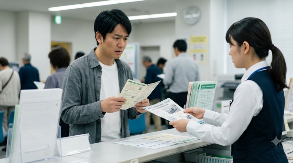 狭山市役所の窓口で、職員から金属製の動物捕獲用箱罠の使い方についての説明書を受け取る、困惑した表情の日本人住民男性。