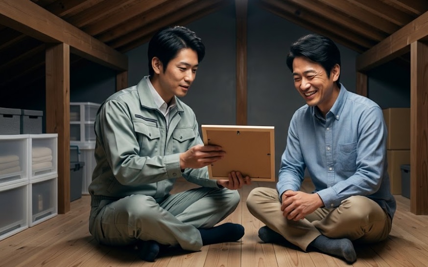アライグマ駆除作業後の清潔になった屋根裏で、日本人スタッフから長期再発保証書についての説明を受け、安堵した表情を見せる日本人男性の家主。