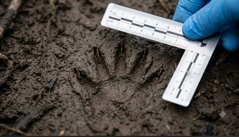 湿った土に残されたアライグマの足跡の接写マクロ写真。5本の指が放射状に広がり、それぞれの先端に鋭い爪痕がくっきりと確認できる。E-E-A-T向上のための専門的な特徴の可視化。