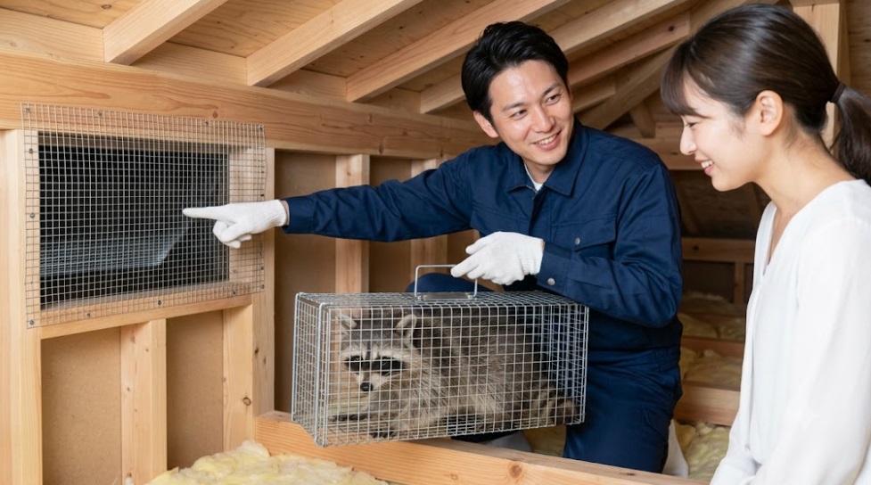 所沢市の住宅屋根裏で、捕獲器（箱わな）を使いアライグマを安全に捕獲・搬出する、専門業者の日本人スタッフ。E-E-A-T向上のための、プロによる確実な解決と安全性の可視化。