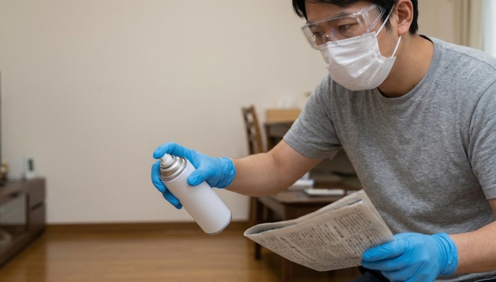 マスク、ゴーグル、ゴム手袋を着用し、ネズミの死骸処理の準備をする日本人の様子