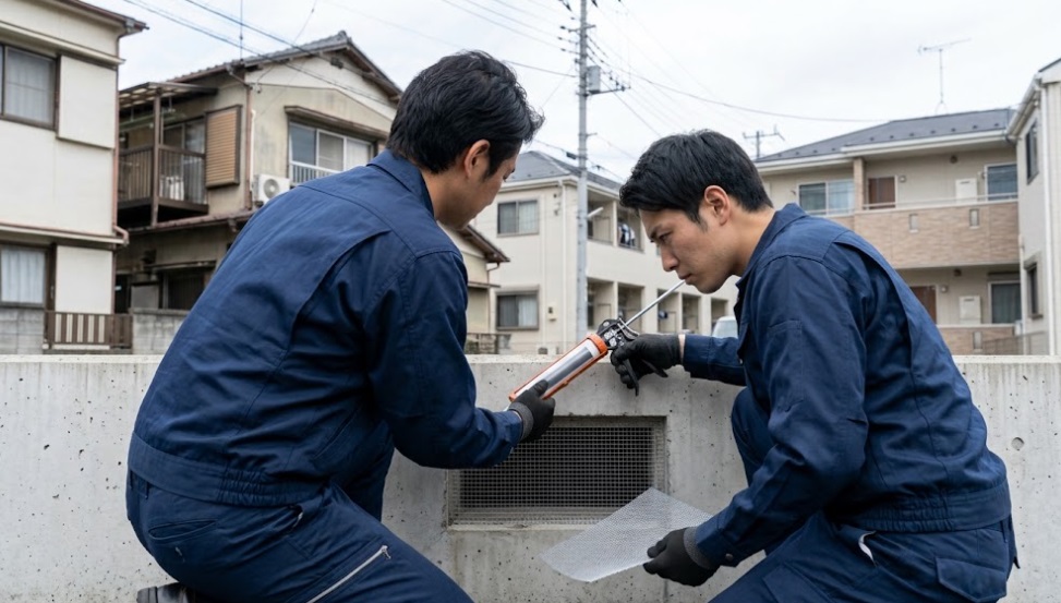 都内の住宅の外壁で、プロの業者が床下換気口に金属製のパンチングメタルを取り付けてネズミの侵入口を封鎖する様子