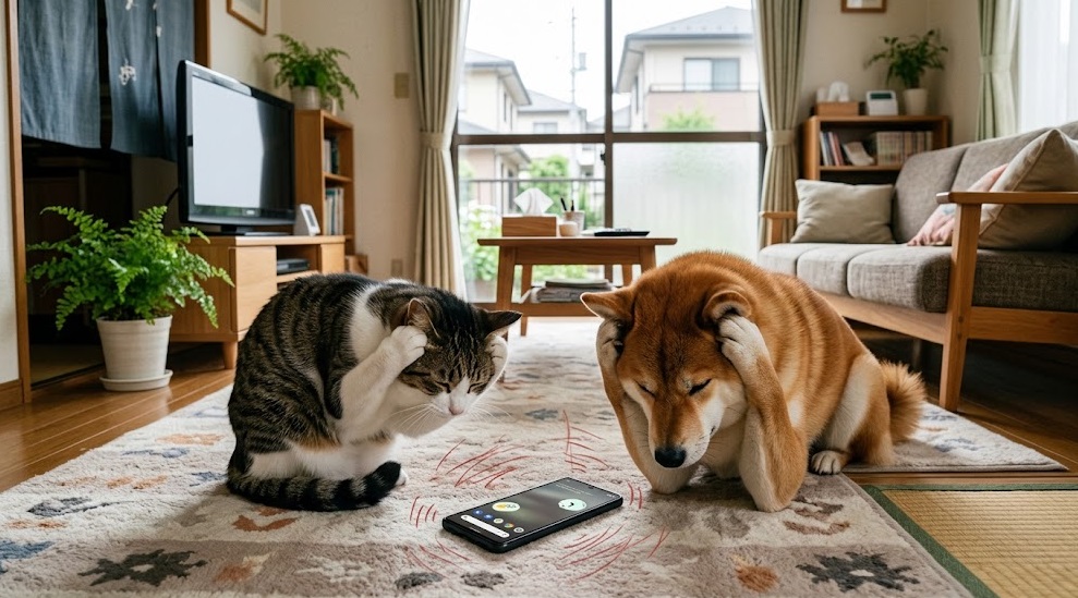 日本の一般住宅のリビングルームで、スマートフォン（画面上にはテキストなし）から流れる不快な音にストレスを感じ、耳を塞ぐようにしてうずくまる飼い猫と飼い犬（柴犬）。不安そうな表情を浮かべている。