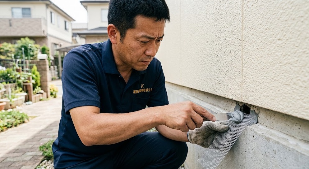 日本人男性（運営者「K」をイメージ）が、住宅の外壁にある小さな隙間（侵入経路）を、金網と防鼠パテを使って丁寧に塞いでいる様子。手元がクローズアップされ、集中した表情が伺える。