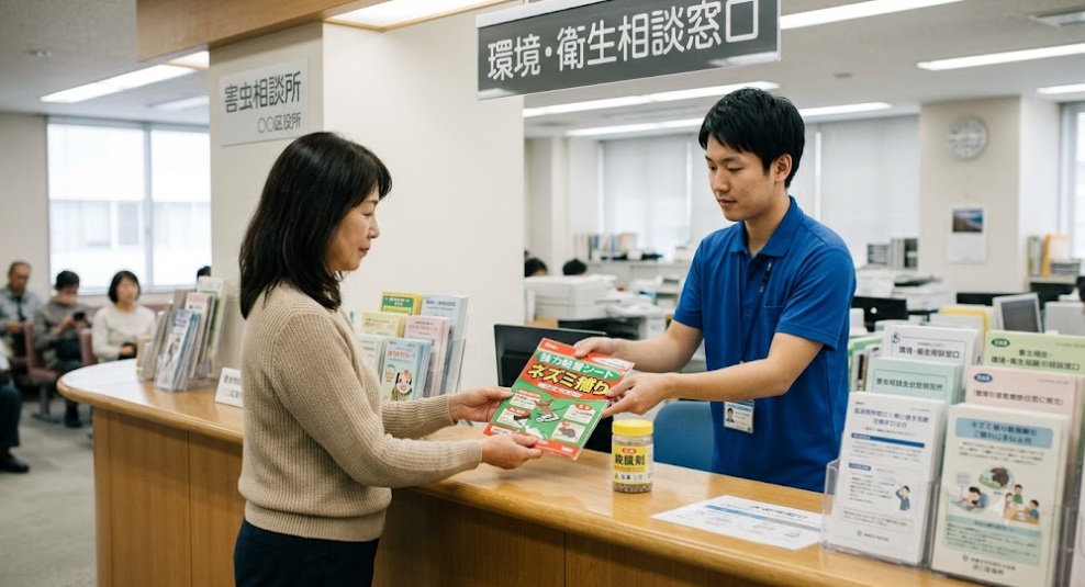 東京都内の区役所窓口で、職員からネズミ駆除用の粘着シートと殺鼠剤を受け取る日本人女性。