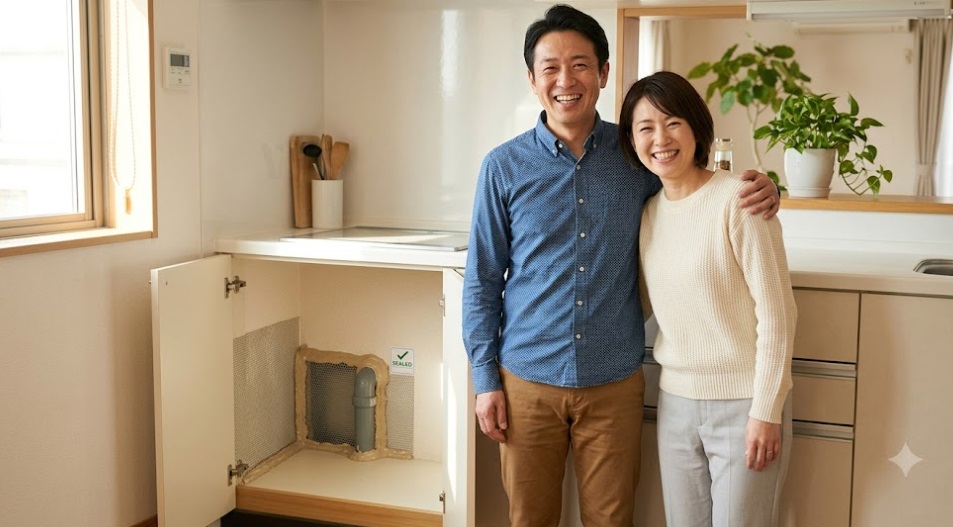 専門業者によるネズミ駆除と侵入口封鎖工事が完了し、笑顔で安心する日本人夫婦。